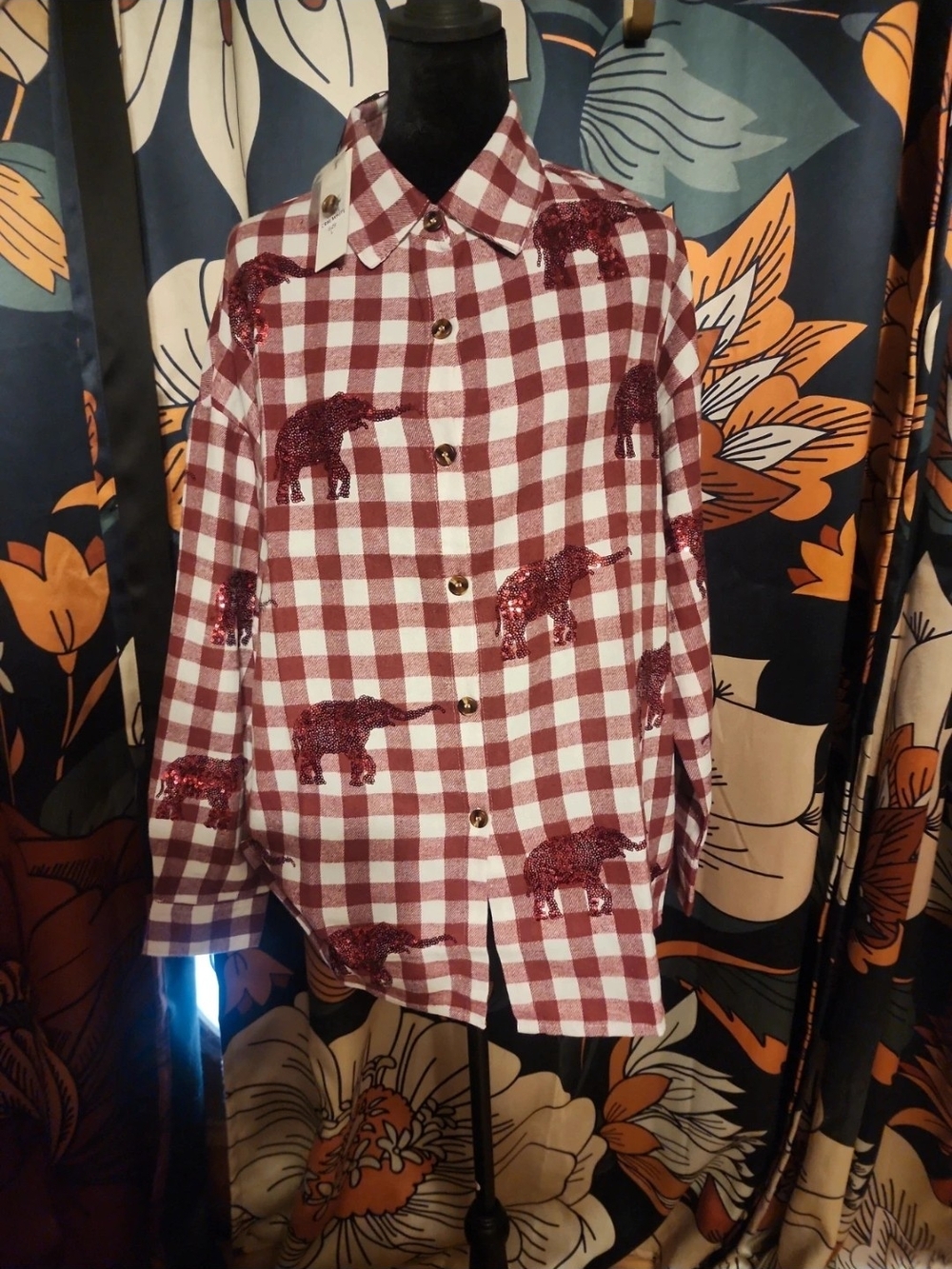 Embellished Check Button-Down Shirt - Crimson/White